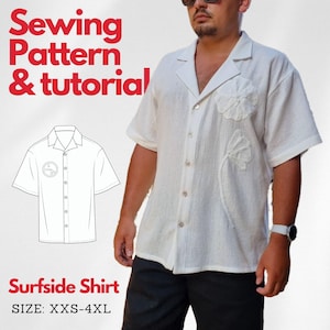 Può includere: Camicia bianca a maniche corte con colletto e motivo floreale. La camicia si chiama "Surfside Shirt" ed è disponibile nelle taglie XXS-4XL. Modello di cucito e tutorial inclusi.