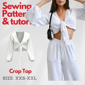 Front Tie Crop Top Sewing Pattern, Easy Beginner Pattern XXS - XXL Illustrated Tutorial, V Neck Top, Puffed Sleeve Top, Women Blouse Pattern