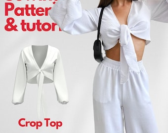 Front Tie Crop Top Sewing Pattern: Beginner Friendly, Puffed/Lantern Sleeve (XXS-XXL) (PDF Pattern)