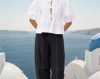 Peplum Blouse Sewing Pattern: Voluminous Sleeves, Front-Tie (Digital Download)