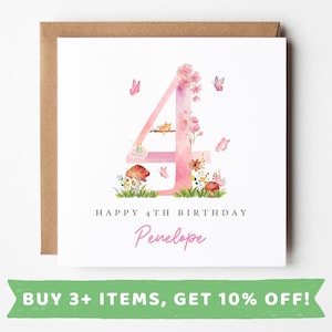 Personalised Birthday Card For Girl Age 4 Fourth Birthday Card 4th Birthday Gift For Girl 4th Birthday Card For Granddaughter 4th Birthday