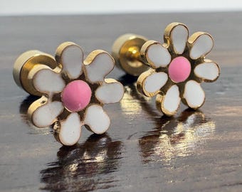 Clous d'oreilles fleurs | Noir bleu rose jaune bleu blanc pétale | bijoux floraux | revisser