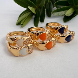 Gold Heart Hoop Earrings: Zircon Inlay, Orange Blue White