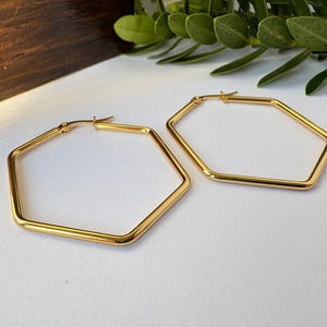May include: A pair of gold-coloured, geometric hoop earrings. The earrings are hexagonal in shape and have a polished finish. The earrings are displayed on a white surface with green foliage in the background.