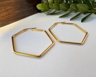 Grandes créoles en or hexagonales | Mince en or 18 carats léger, de forme hexagonale