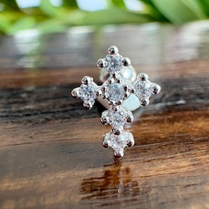 Gold - Silver cubic zirconia cross stud screw back earring (Single)