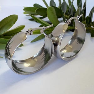 May include: A pair of polished silver hoop earrings. The earrings have a smooth, curved design and a secure clasp. Green leaves are in the background. The earrings are a classic accessory.