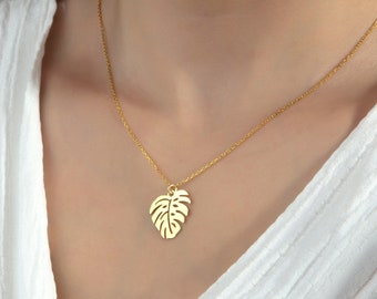 Collier feuille de Monstera en or 14 carats, pendentif feuille de Monstera Deliciosa, breloque feuille tropicale délicate, collier plante, pendentif feuille, cadeau pour elle