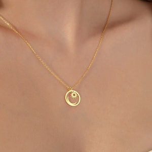 14k Gold Sun and Moon Necklace, Dainty Crescent and Sun Necklace, Celestial Necklace, Gold Sun Necklace, Celestial Jewelry For Her