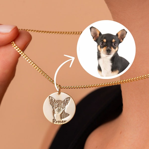 Collar con retrato de mascota en oro de 14 k con nombre, dije con retrato de mascota, collar con foto de mascota para mamás de mascotas, collar conmemorativo para mascotas, collar con retrato de perro