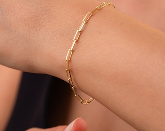 14k Solid Gold Paperclip Chain Bracelet, Link Chain Bracelet, Paper Clip Bracelet, Paperclip Jewelry for Women, Real Gold Bracelet