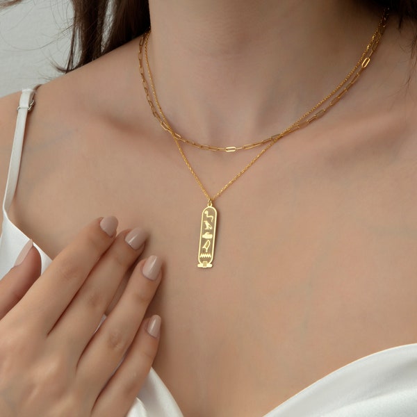 Unique Egypt Cartouche Necklace, 14K Gold Cartouche Egyptian Hieroglyphic Name Necklace, Ancient Symbol Necklace,  Custom Name Jewellery