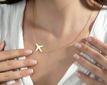 14k Gold Airplane Necklace, Sideways Airplane Pendant, Travel Necklace, Airplane Charm, Travel Lover Gift for Her, Dainty AirPlane Pendant,