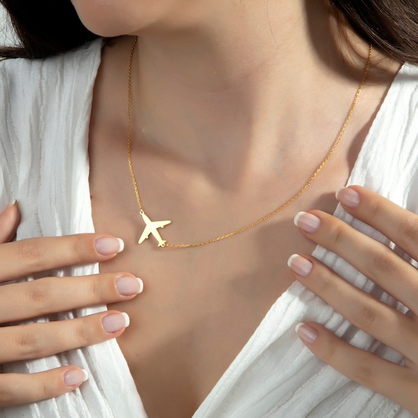 14k Gold Airplane Necklace, Sideways Airplane Pendant, Travel Necklace, Airplane Charm, Travel Lover Gift for Her, Dainty AirPlane Pendant,
