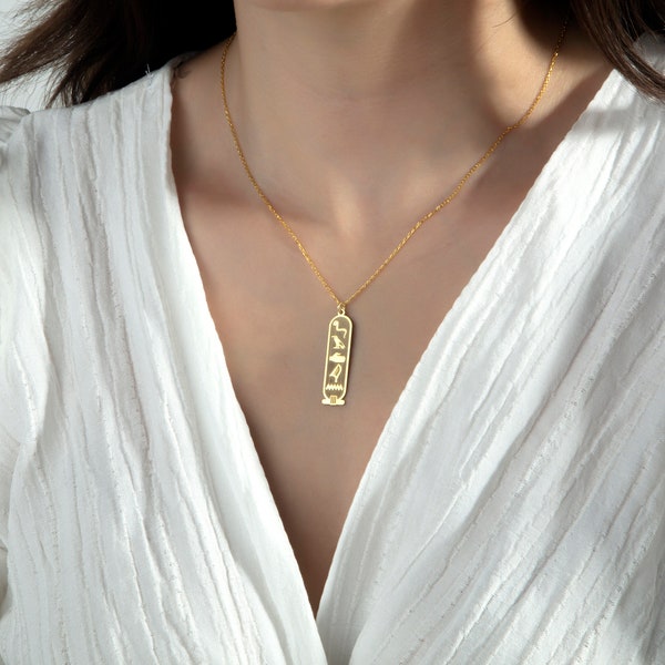 Collier cartouche égyptien en or 14 carats, collier prénom égyptien personnalisé, bijoux prénom égyptiens personnalisés, cadeaux personnalisés pour elle