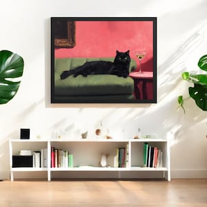黒猫マティーニアートプリント | 気まぐれなカクテルバーの装飾 | キュートで風変わりな美術品ギフト