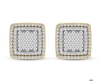 Natural diamond  Square Double Halo Cluster Stud 1.00 CTW Diamond Earrings 10K