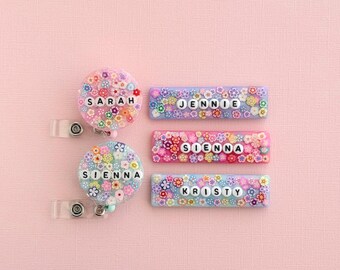 Personalized Floral Badge Reel: Retractable ID Holder with Letter Beads