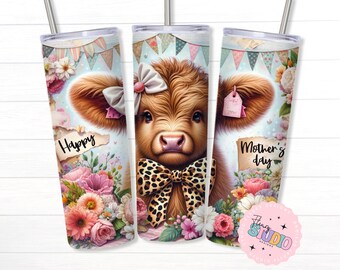 Mother's Day Highland Cow Tumbler Wrap PNG, 20 oz Skinny Tumbler Sublimation, Highland Cow Tumbler Wrap, Mothers Day PNG, Digital Download