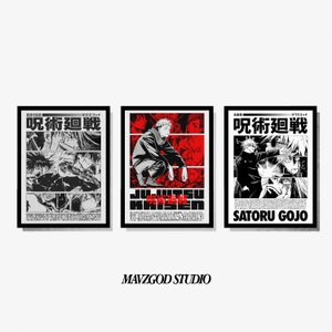 Jujutsu Kaisen Posters V3 / 3 piezas Set Manga Art Anime Wall Print Pintura minimalista Arte colorido Satoru Gojo, Yuji Itadori