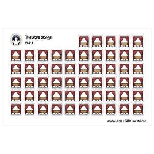 May include: Sheet of stickers featuring a repeating pattern of miniature theater stages. Each stage is depicted with a brown proscenium, a red curtain, and a stage. The sheet also includes the text "Theatre Stage" and the website address.