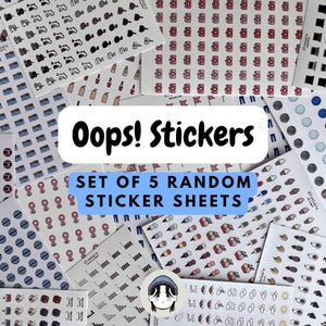 Puede incluir: Una colección de hojas de pegatinas con varios diseños, incluyendo cámaras, conos de helado y pines de ubicación. Se muestra el texto "Oops! Stickers" y "Set of 5 Random Sticker Sheets". Las pegatinas son de varios colores.