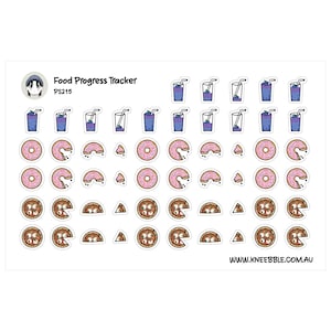 May include: A sheet of stickers with a food progress tracker theme. The stickers include illustrations of purple drinks, pink donuts, pizza slices, and triangles. The text "Food Progress Tracker" and "PS215" are visible.