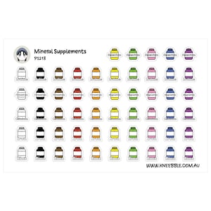 Puede incluir: Una hoja de pegatinas con la etiqueta "Suplementos Minerales" con varios nombres de suplementos. Cada pegatina presenta un pequeño frasco de diferentes colores, incluyendo amarillo, verde y morado. La dirección del sitio web www.kneebble.com.au es visible.
