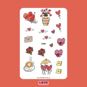Hoja de pegatinas de amor para San Valentín, pegatinas románticas de corazones rojos, pegatinas de rosas con forma de corazón y caja de bombones, pegatinas de notas de café con caramelos.