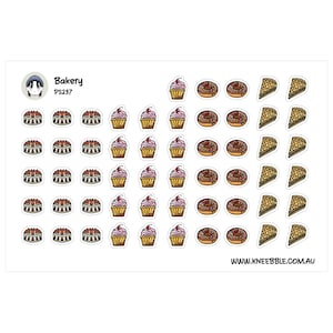 May include: A sticker sheet titled Bakery PS237 featuring rows of small illustrations of cakes, cupcakes with cherries, chocolate doughnuts, and pie slices. The sheet includes a circular logo and the website text WWW.KNEEBBLE.COM.AU at the bottom right.