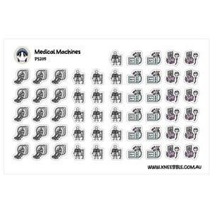 以下が含まれることがあります： 医療をテーマにしたイラストが描かれたステッカーシート。ステッカーには、医療機器、骸骨、その他の医療機器の画像が含まれています。「Medical Machines」と「PS205」の文字も表示されています。