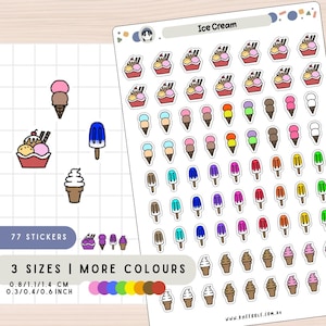 IJsstickers, stickervel dessert, stickers smakelijke lekkernijen, planner- en dagboekstickers, zoet eten zomerkegel kopje wervelingslabels