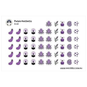 May include: A sheet of stickers with a purple aesthetic theme. The stickers include eggplants, octopuses, potion bottles, and swirling designs. The text "Purple Aesthetic PS181" is at the top left. The website address www.kneebble.com.au is at the bottom right.