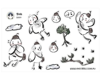 Bird Sticker Sheet - Small Cute Birds, Clouds, Tree Branches