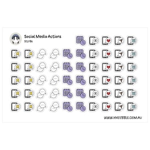 Puede incluir: Una hoja de pegatinas con iconos de redes sociales. Las pegatinas incluyen burbujas de diálogo, calendarios, iconos de ojos, iconos de corazón e iconos de teléfono. También se ve el texto "Social Media Actions" y "PS194". La web www.kneebble.com.au está abajo.