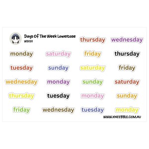 May include: A sheet of colorful stickers featuring the days of the week in lowercase letters. Each day is in a different color, including red, yellow, green, and purple. The stickers are arranged in a grid pattern.