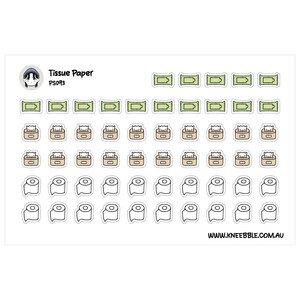 May include: A sheet of stickers featuring illustrations of tissue boxes, tissue packets, and rolls of toilet paper. The stickers are in a cartoon style with black outlines and pastel colors. Text on the sticker sheet reads "Tissue Paper PS093" and "www.kneebble.com.au".
