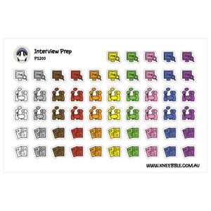 Può includere: Un foglio di adesivi a tema "Preparazione al colloquio". Gli adesivi presentano icone di computer con lenti d'ingrandimento, gruppi di persone e curriculum vitae in vari colori. È visibile anche il testo "Interview Prep" e "PS200".