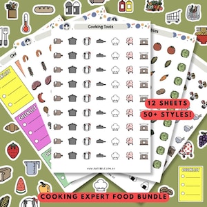 Adesivos para planejadores de pacotes de especialistas em culinária, decalques para utensílios de cozinha de chef, adesivos para preparação de refeições de classe de planejador de receitas, vegetais, frutas, carne