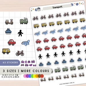 Transportstickers, stickervel voertuig, plakboekstickers woon-werkverkeer en reizen, minipictogramplannerstickers, auto bus scooter boot loopfiets