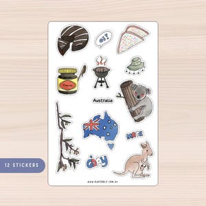 Hoja de pegatinas de Australia, pegatinas de aperitivos del condado australiano, pegatinas de koala canguro, pegatinas para diario, planificador, pan de hadas de eucalipto
