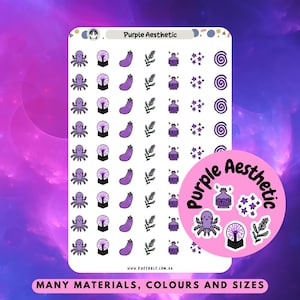 Pegatinas para planificador con temática estética morada, adhesivos violeta lavanda, etiquetas lindas con forma de bola de plasma de pulpo, berenjena, poción de lavanda, estrellas y remolino.