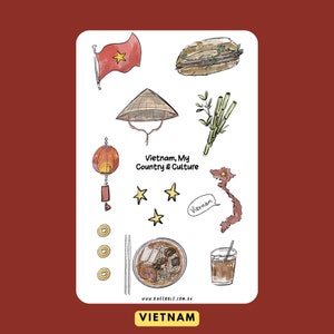 Vietnam Aufkleber Bogen, Vietnam Esskultur, Land Thema Aufkleber, Bun Bo Hue, Banh Mi Eiskaffee Aufkleber, Laterne Bambus Asien Neujahr