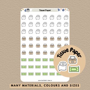 Tissuepapierstickers, toiletpapierstickers, sticker vochtige doekjes, stickervel schoonmaak, plannerstickers, huishoudstickers toiletartikelen