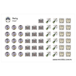 May include: Sheet of stickers with a party theme. Includes disco balls, boomboxes, champagne bottles, and dancing figures. The word "Party" and "PS227" are printed on the top left. The website address www.kneebble.com.au is printed on the bottom right.