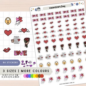 Pegatinas de San Valentín, Hoja de pegatinas de amor, Pegatinas de corazones y romance, Adhesivos para álbumes de recortes con forma de ramo de rosas, alas de corazón, letra, llave y candado.