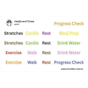Puede incluir: Una hoja de pegatinas con temática de salud y fitness. Las pegatinas incluyen frases como "Estiramientos", "Cardio", "Descanso", "Beber agua" y "Control de progreso". Las pegatinas son de varios colores y fuentes. También está presente el texto "Health and Fitness" y "WS027".