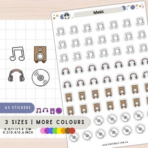 Muziekstickers, stickervel muzieknoot, stereosticker, cd-sticker, hoofdtelefoonsticker, liedjesstickers, beats-stickers, plannerstickers