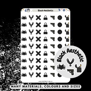 Pegatinas para planificador con temática estética negra, adhesivos góticos oscuros monocromáticos, etiquetas con forma de encendedor, botón de pistola, clip de papel, cinta adhesiva, cadena, icono de corazón de diablo
