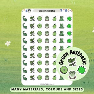 Adesivos de planejador de tema estético verde, adesivos de decalque de planta de floresta natural, rótulos de bactérias de bebida de matcha de donut de dinossauro, sálvia de maçã de sapo